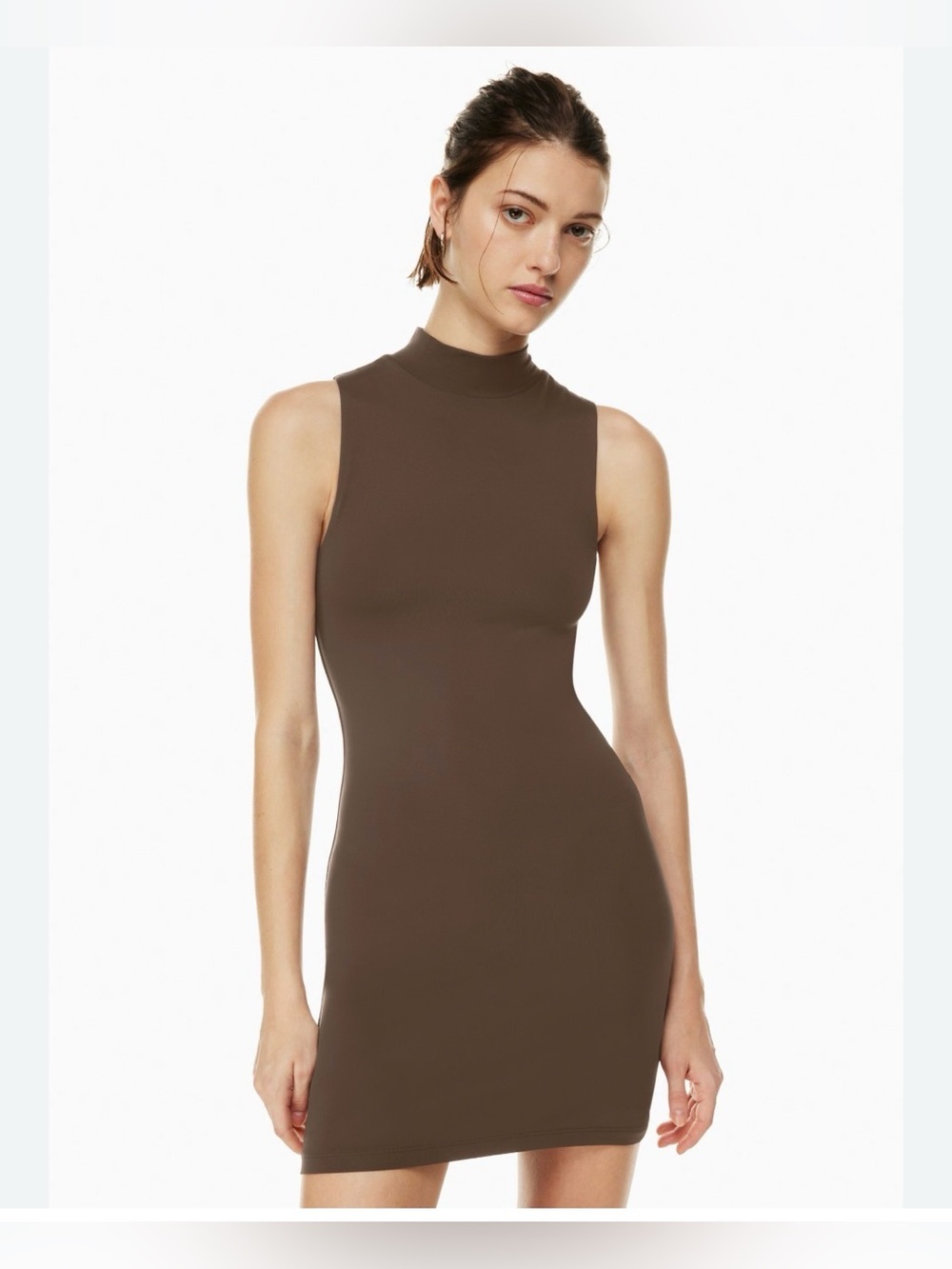 NEW Aritzia Barbour M Contour mock neck stretch brown shaping luxury midi dress